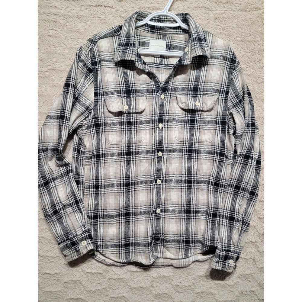 American Eagle Mens Plaid Flannel Shirt Jacket Black White Tan Medium